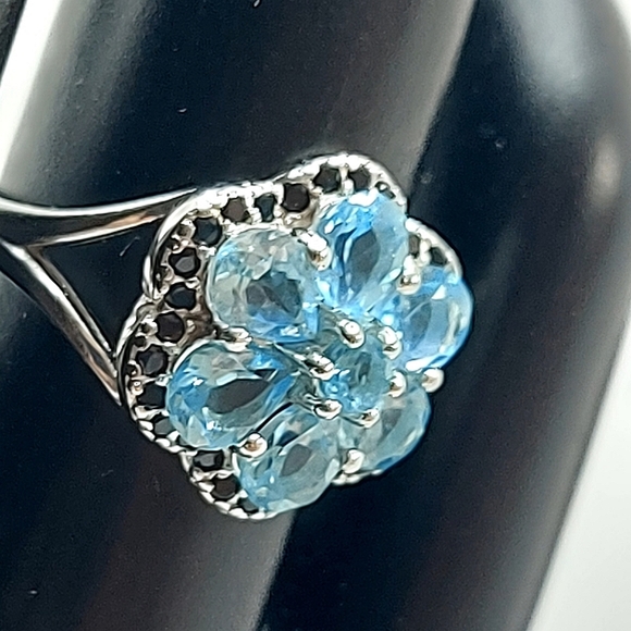 Natural Blue Apatite 5x4mm & Black Spinel 925 Sterling Silver Ring Size 7 - Picture 4 of 11